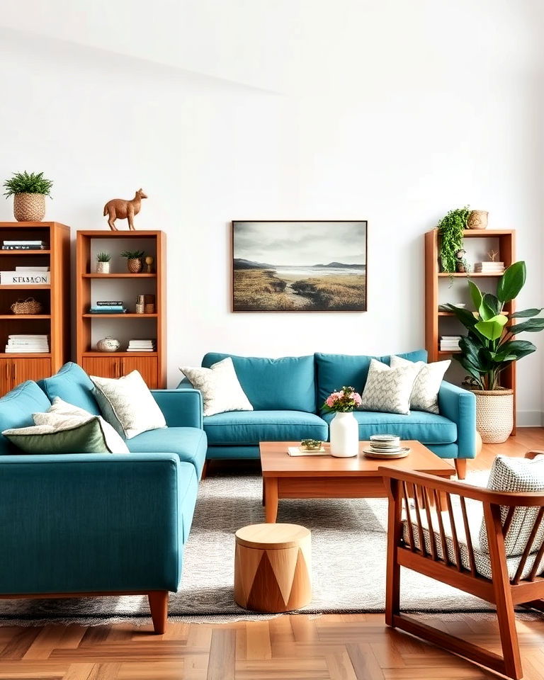 teal couch with wooden furniture - 20 Teal Couch Living Room Ideas
