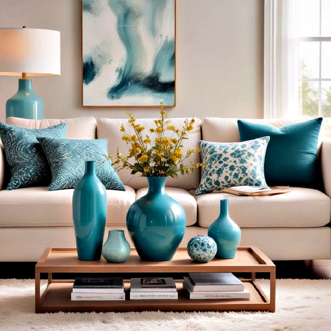 teal decorative accessories to enhance decor - 25 Teal Living Room Ideas
