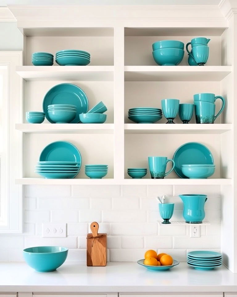 teal dishware and white open shelving - 20 Teal and White Kitchen Ideas