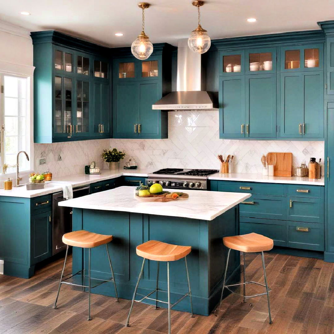 teal elegance pair with white accents - 40 Painted Kitchen Cabinet Ideas