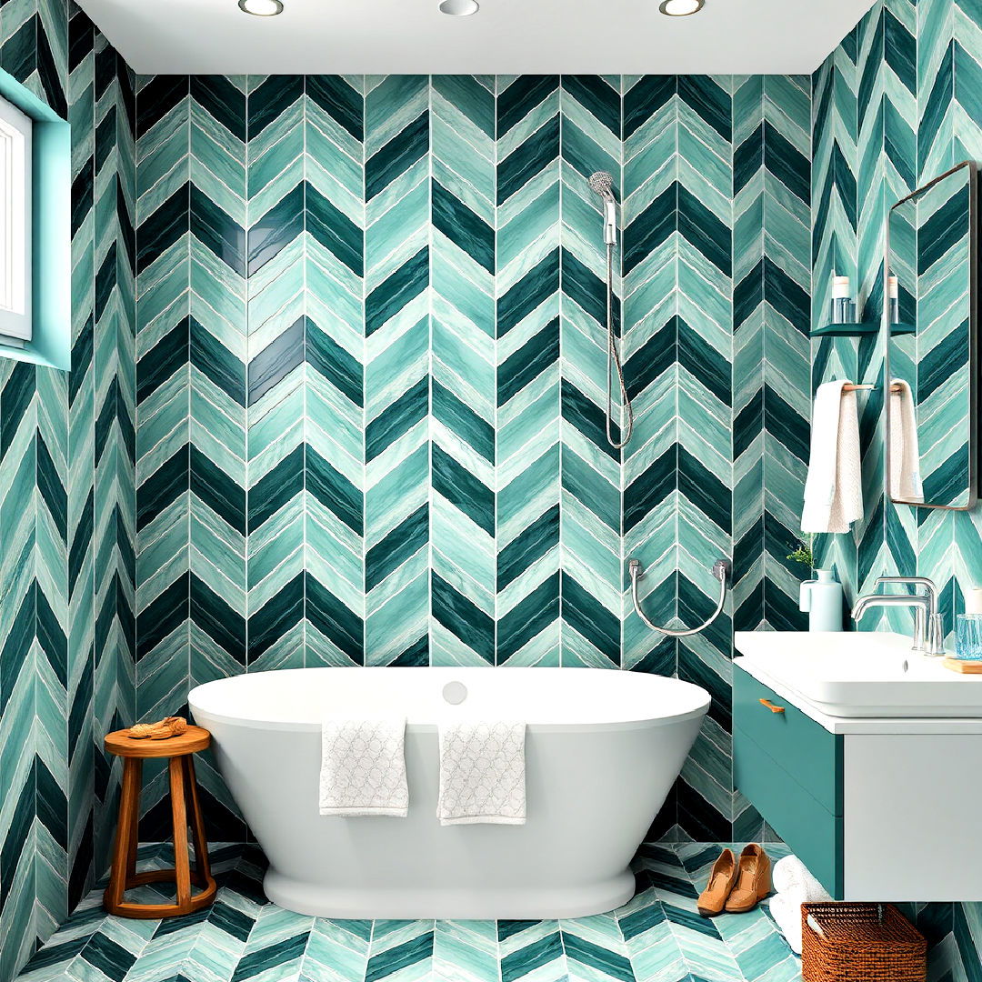 teal green chevron tiles - 25 Green Tile Bathroom Ideas