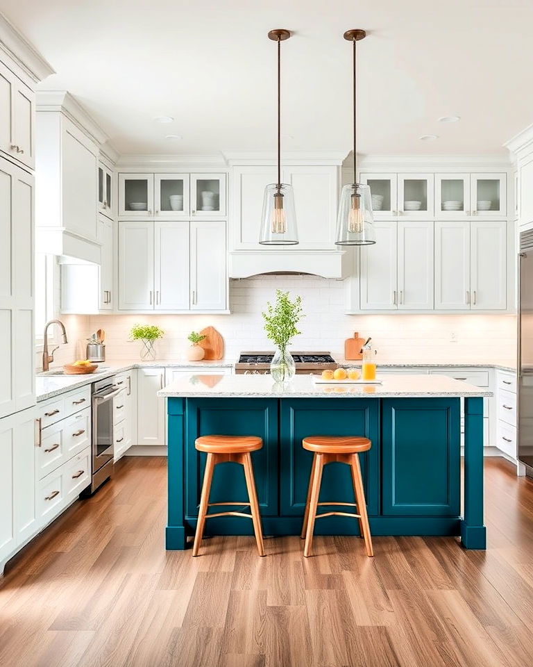 teal island with white shaker cabinets - 20 Teal and White Kitchen Ideas