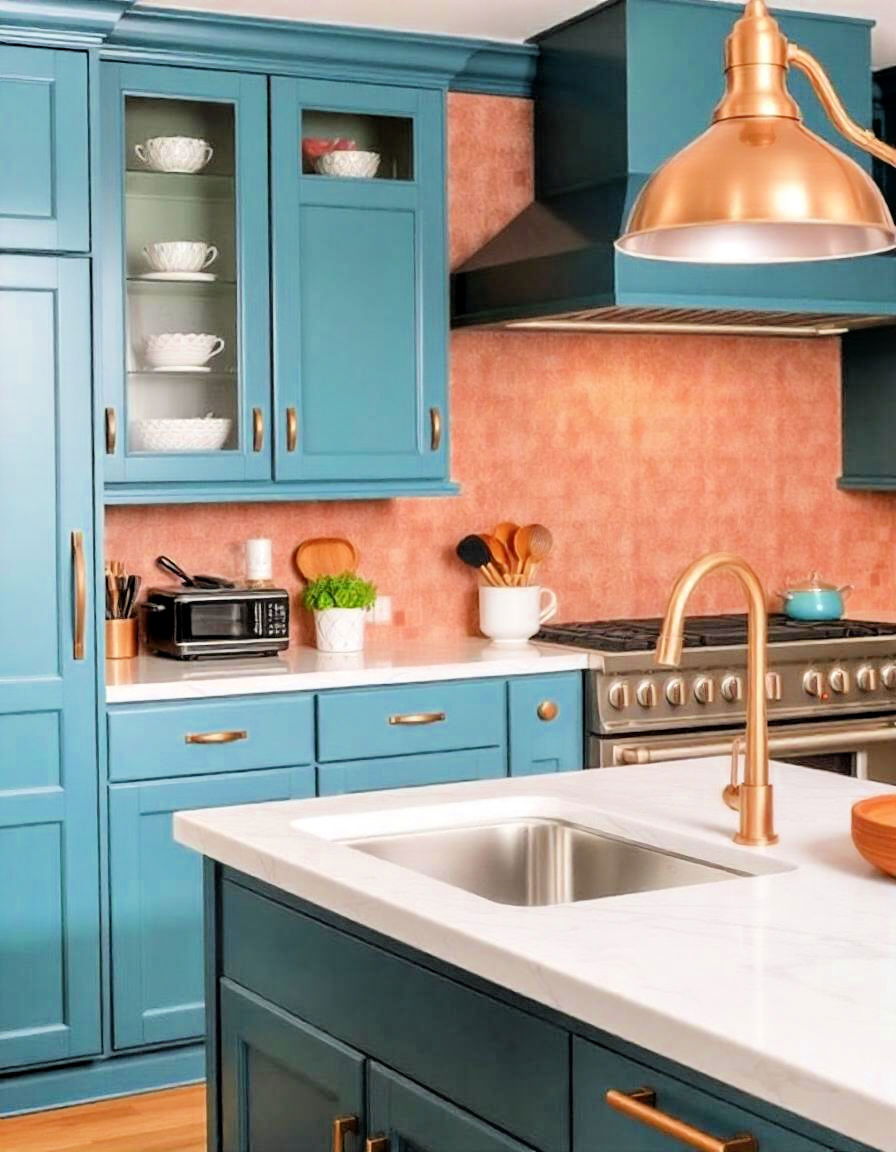 teal kitchen with copper elements - 20 Teal Kitchen Ideas