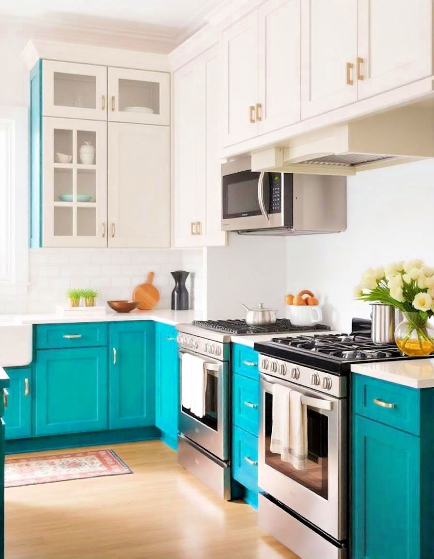 teal kitchen with two tone cabinets - 20 Teal Kitchen Ideas