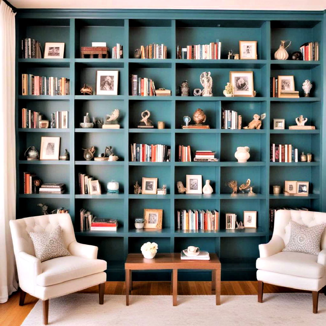 teal living room with teal bookshelves - 25 Teal Living Room Ideas