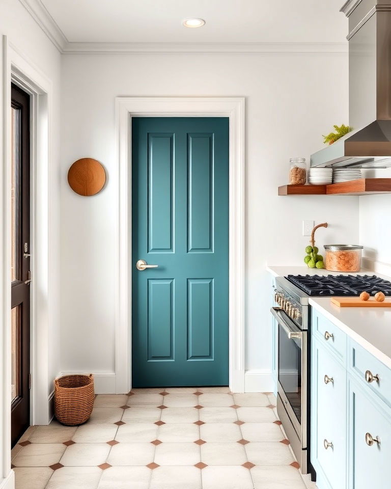 teal pantry door and white walls - 20 Teal and White Kitchen Ideas