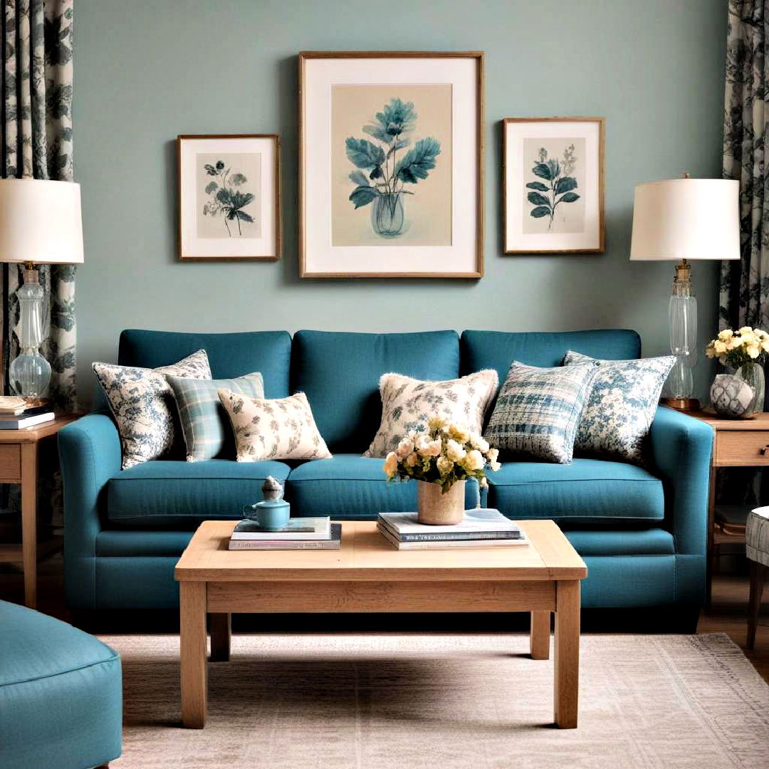 teal prints and fabrics for teal living room - 25 Teal Living Room Ideas