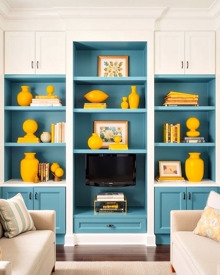 teal shelving with yellow accessories for living room - 25 Teal and Yellow Living Room Ideas