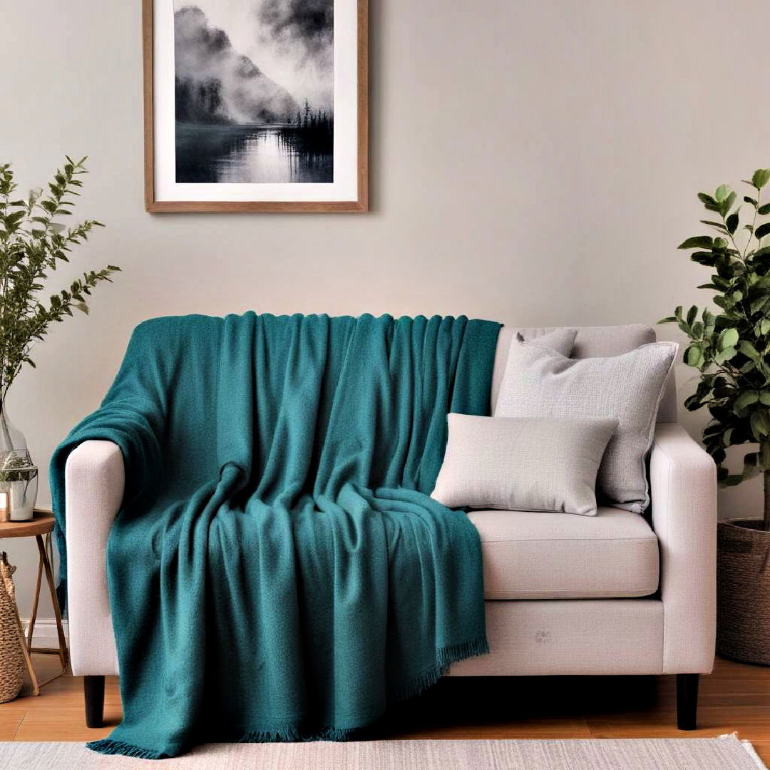 teal throw blanket on grey sofa - 15 Teal and Grey Bedroom Ideas