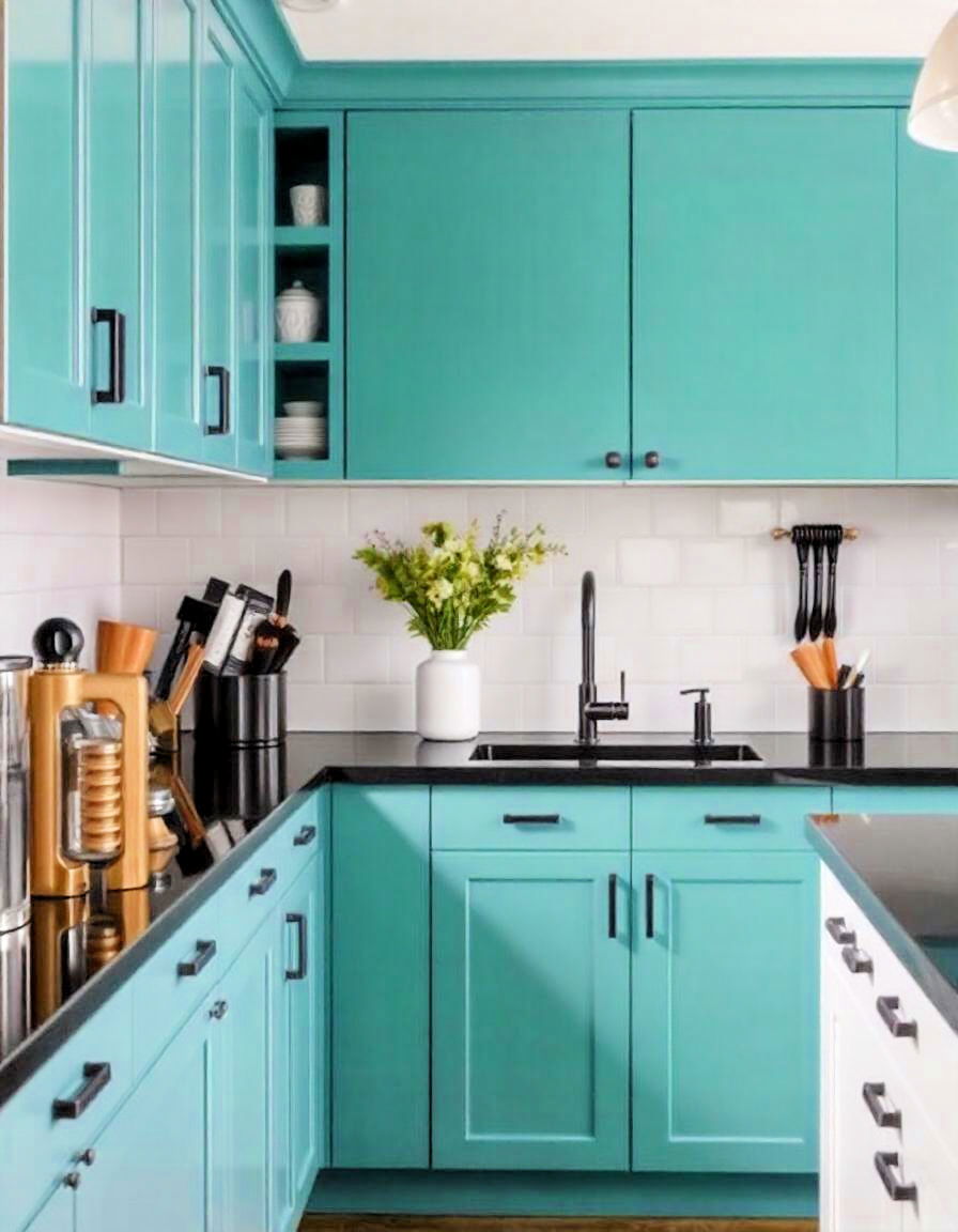 teal with black accents for a bold contrast - 20 Teal Kitchen Ideas