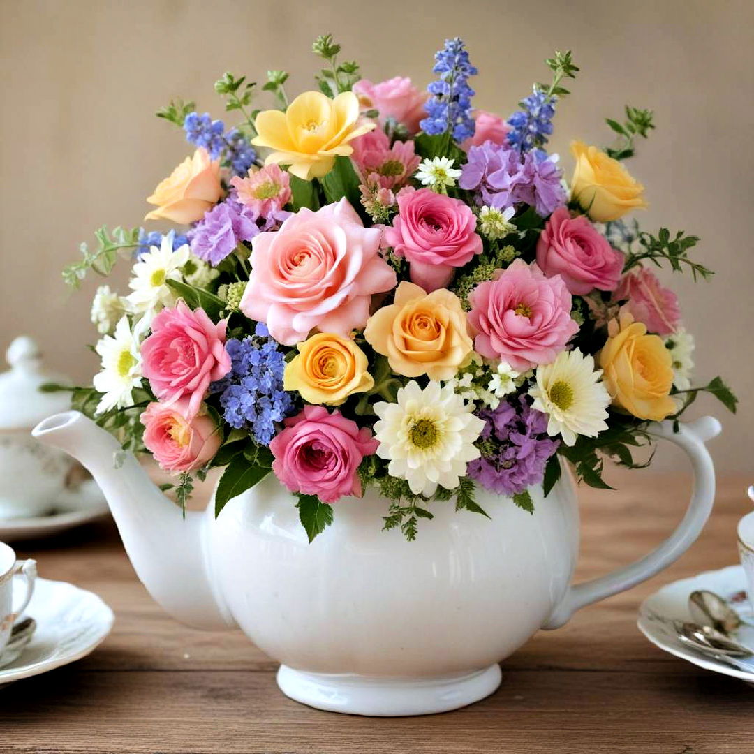 teapot filled with fresh flowers - 25 Spring Centerpiece Ideas