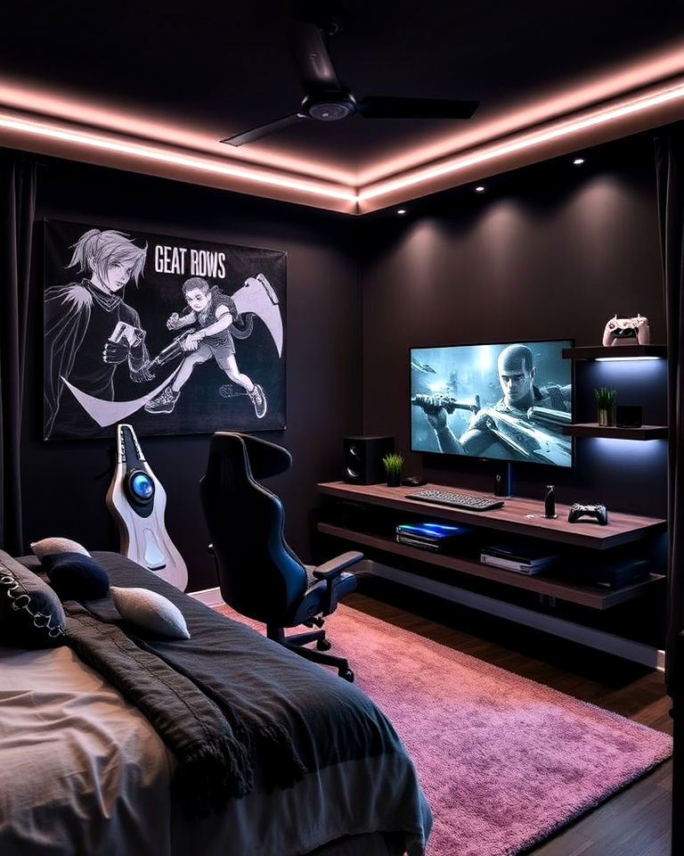 teen bedroom with gaming retreat - 40 Teenage Boy Bedroom Ideas