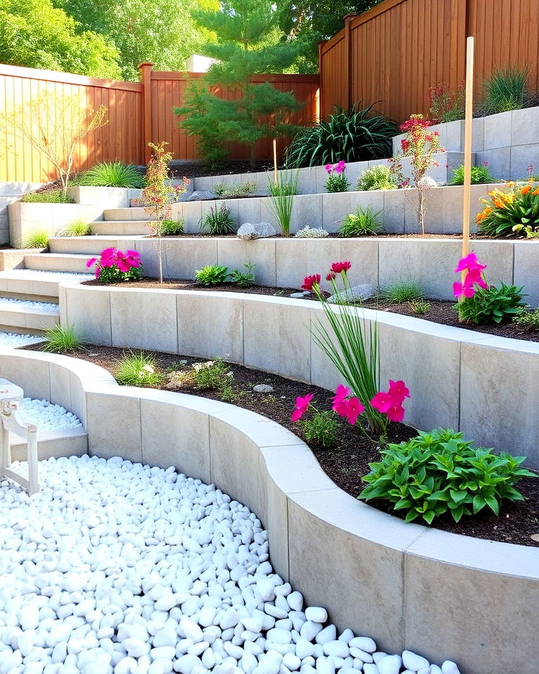 terraced garden with white rocks - 25 White Rock Landscaping Ideas