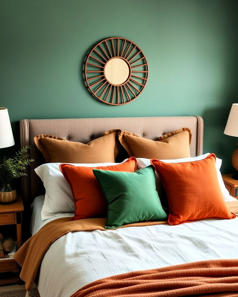 terracotta and green pillows for bedroom - 20 Green and Brown Bedroom Ideas