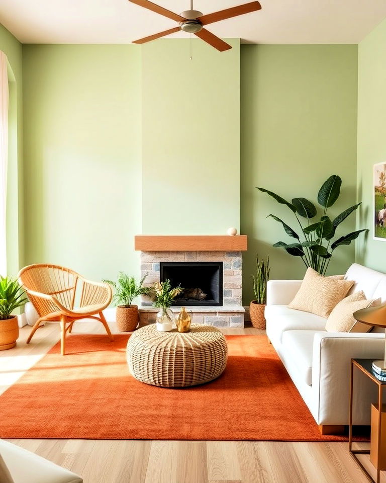 terracotta area rug and light green walls for living room - 20 Green and Terracotta Living Room Ideas