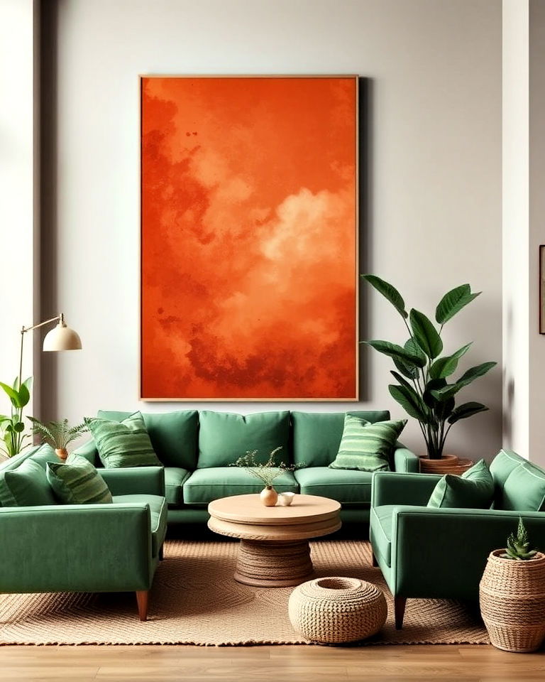 terracotta artwork with green furniture for living room - 20 Green and Terracotta Living Room Ideas
