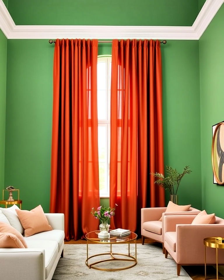 terracotta curtains against green walls for living room - 20 Green and Terracotta Living Room Ideas