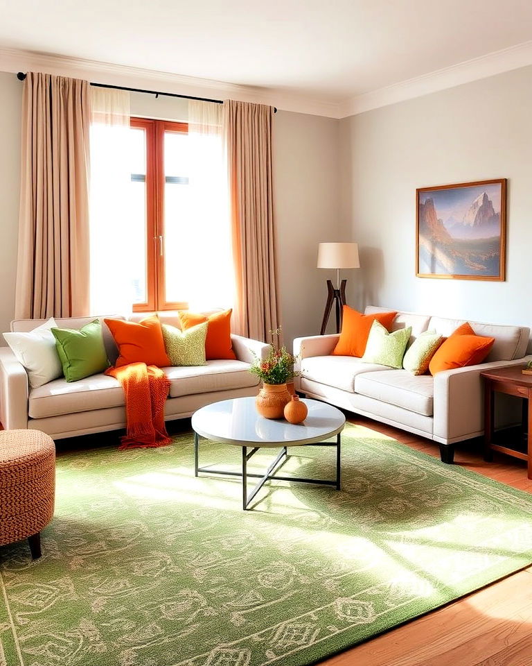 terracotta cushions with green patterned rug - 20 Green and Terracotta Living Room Ideas