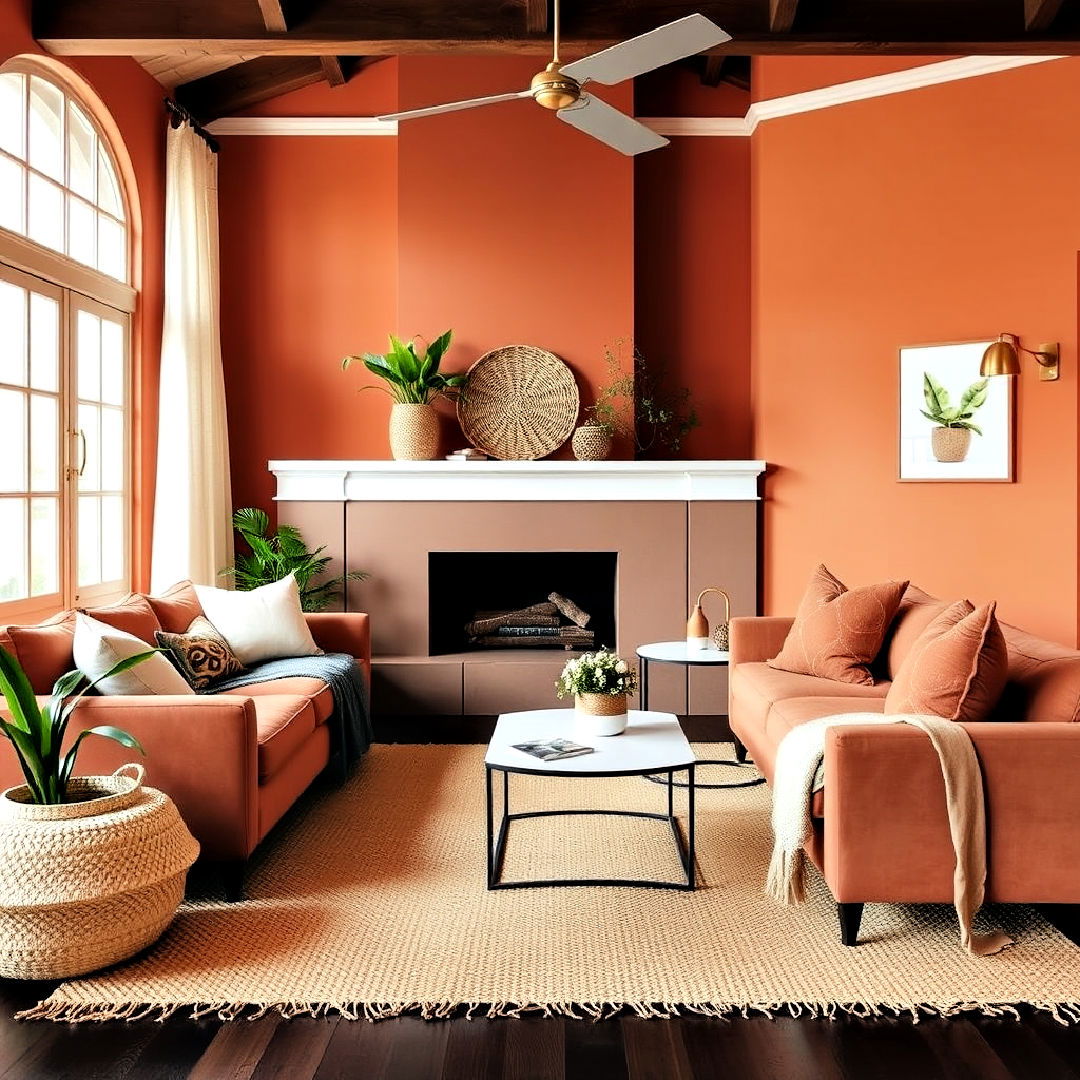 terracotta earthy tones to add warmth - 25 Monochromatic Living Room Ideas