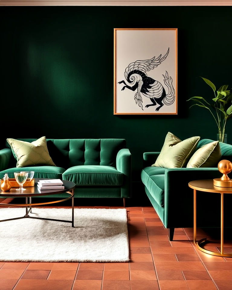 terracotta flooring and green velvet furniture - 20 Green and Terracotta Living Room Ideas