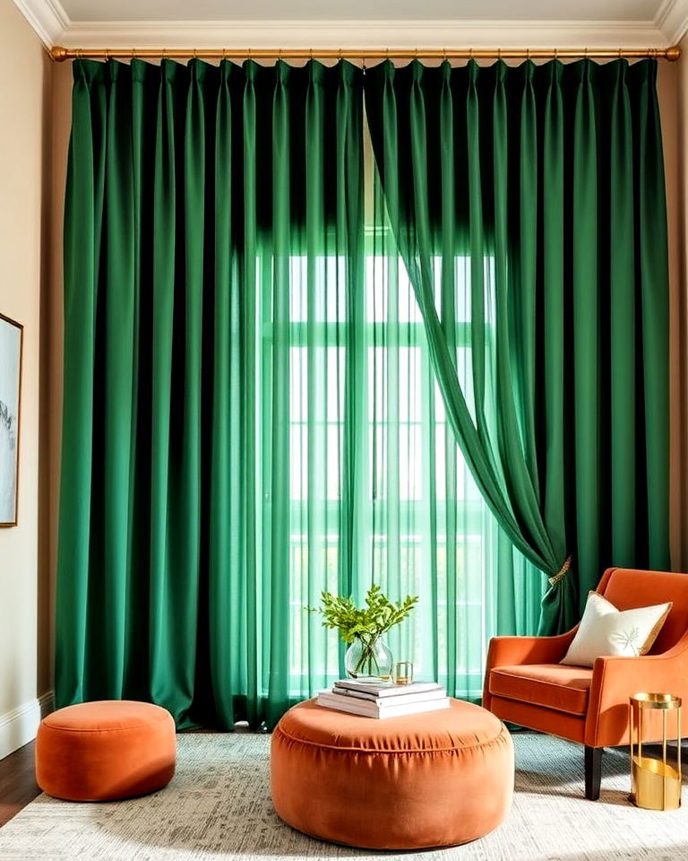 terracotta furniture accents with green drapes - 20 Green and Terracotta Living Room Ideas