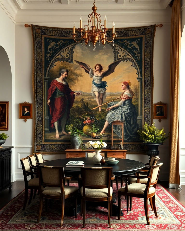 textile wall hangings for artistic touch - 20 Dark Academia Dining Room Ideas
