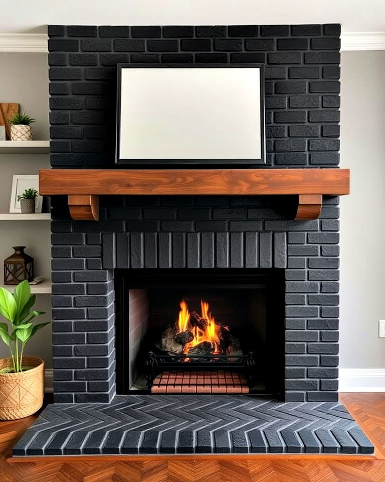 textured black brick fireplace with herringbone layout - 30 Black Brick Fireplace Ideas