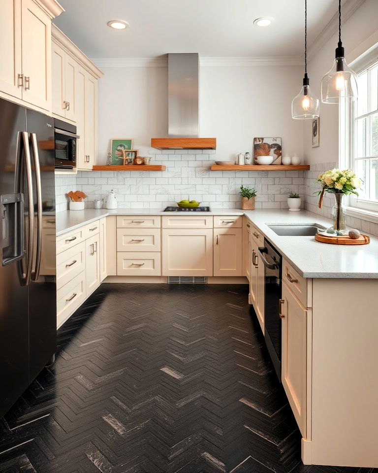 textured black floor to add depth - 20 Black Floor Kitchen Ideas