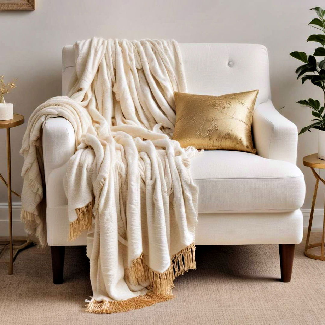 textured throw blanket for white and gold living room - 25 White and Gold Living Room Ideas