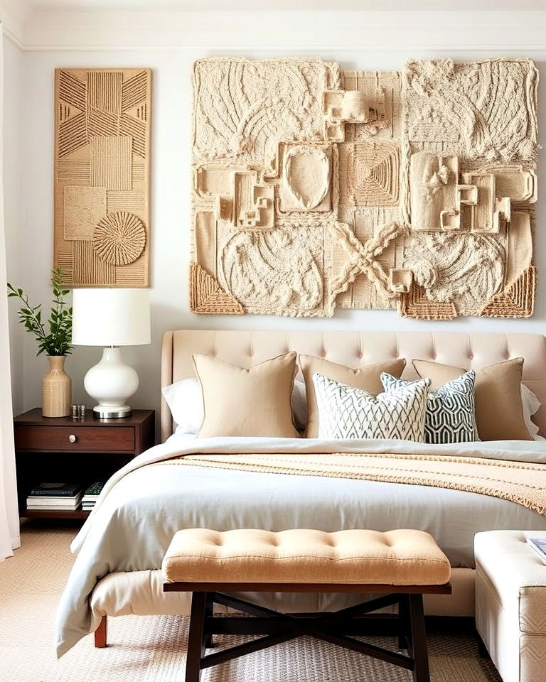 textured wall art for transitional bedroom - 30 Transitional Bedroom Ideas