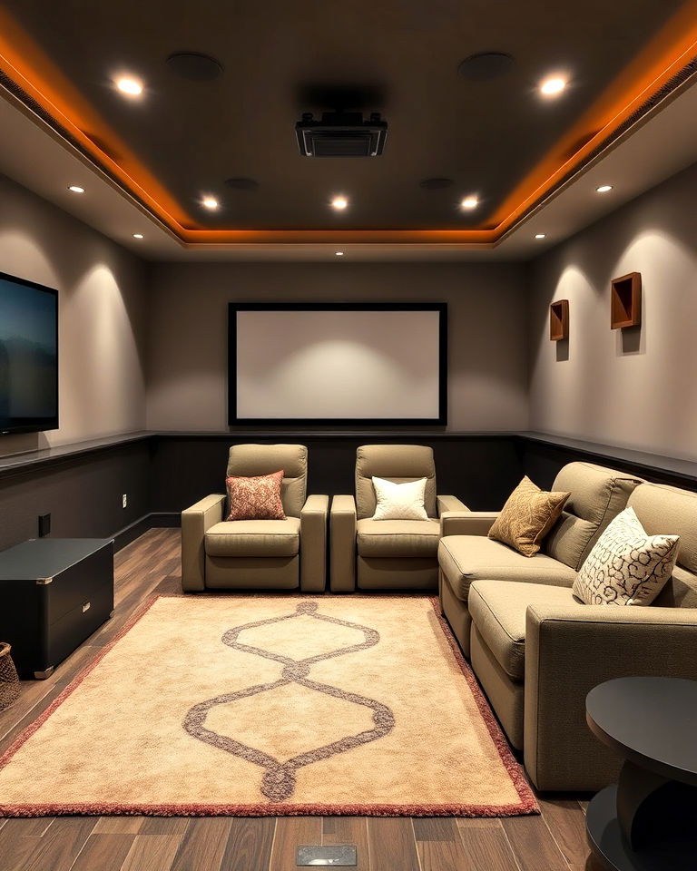 thick area rug to reduce echo - 40 Small Home Theater Ideas