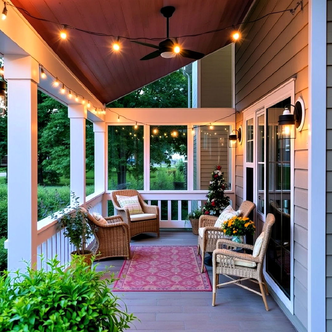 three season porch with bistro lighting - 35 Three Season Porch Ideas
