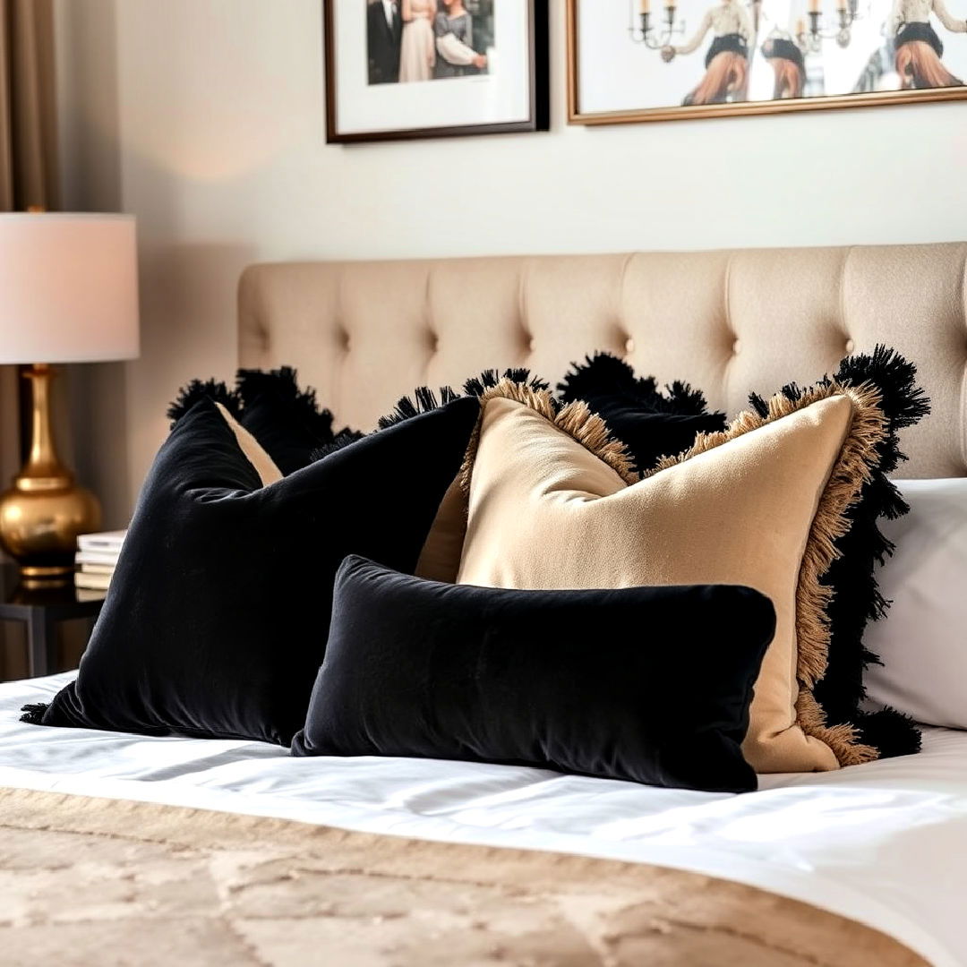 throw pillows for black and beige bedroom design - 20 Black and Beige Bedroom Design Ideas