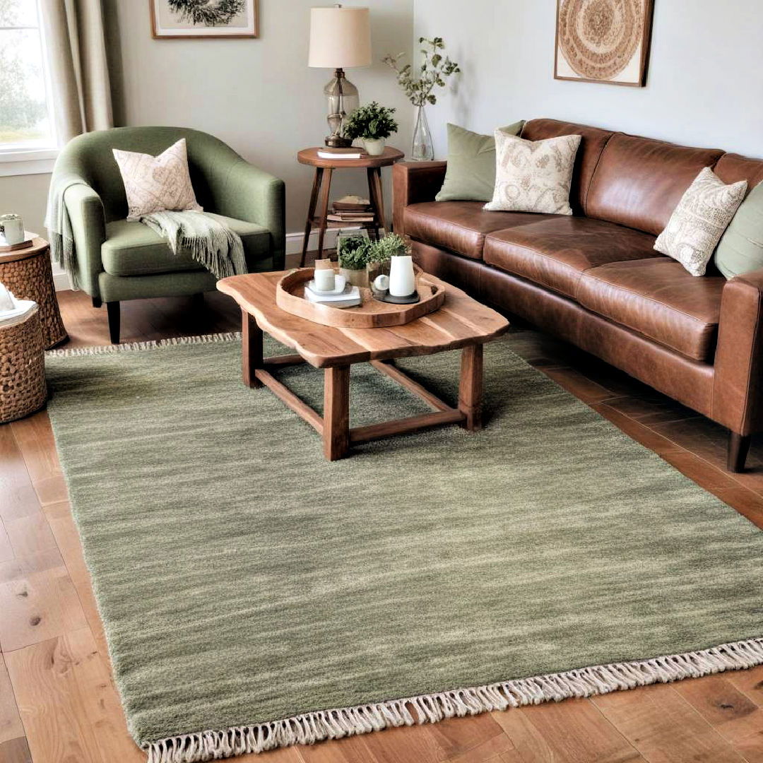 throw rug placed under coffee table - 25 Rustic Sage Green Living Room Ideas