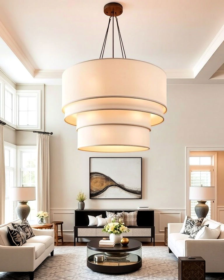 tiered drum chandelier - 30 Living Room Chandelier Ideas