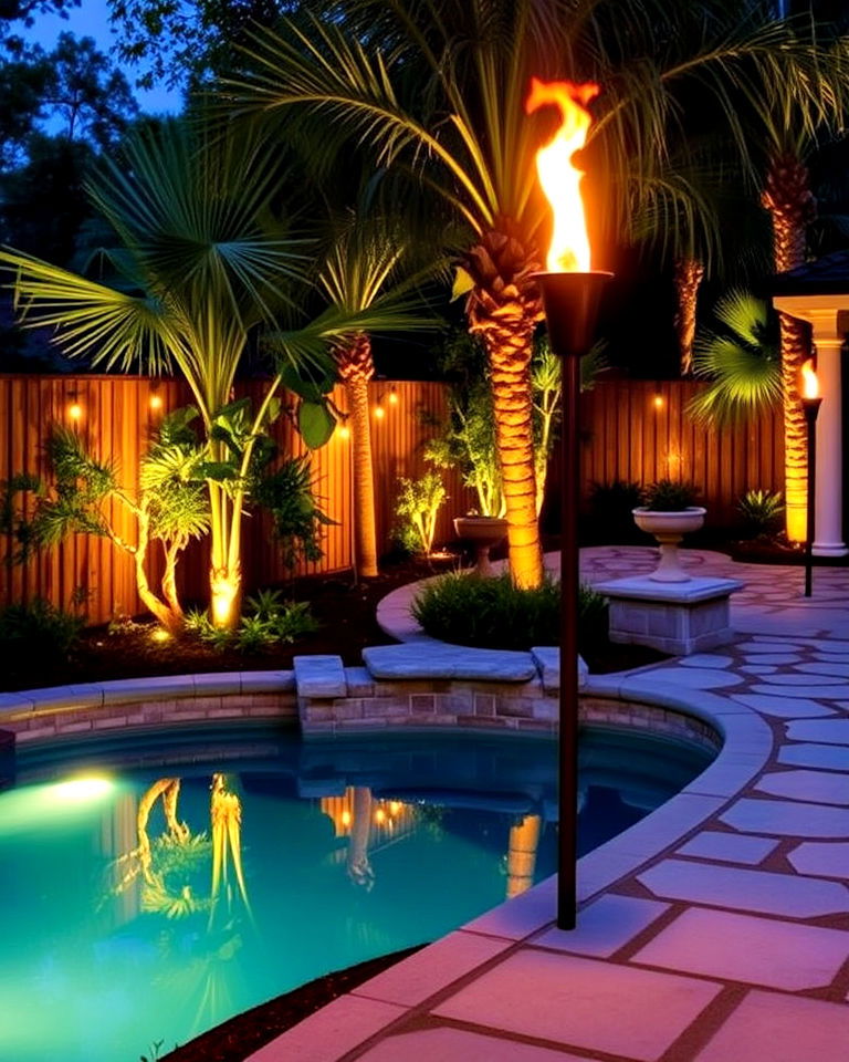 tiki torches to add tropical flair - 40 Backyard Lighting Ideas