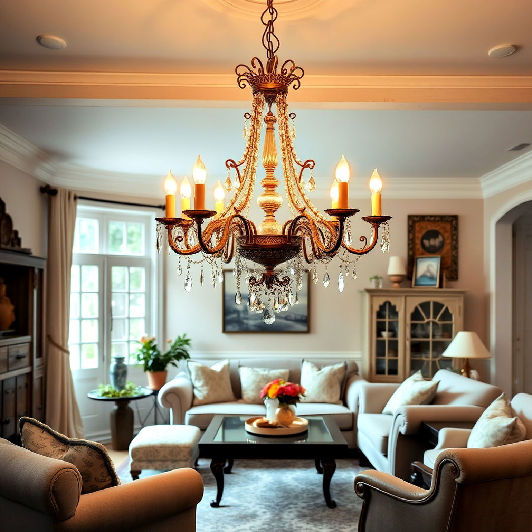 timeless antique chandelier - 25 Shabby-chic Style Living Room Ideas