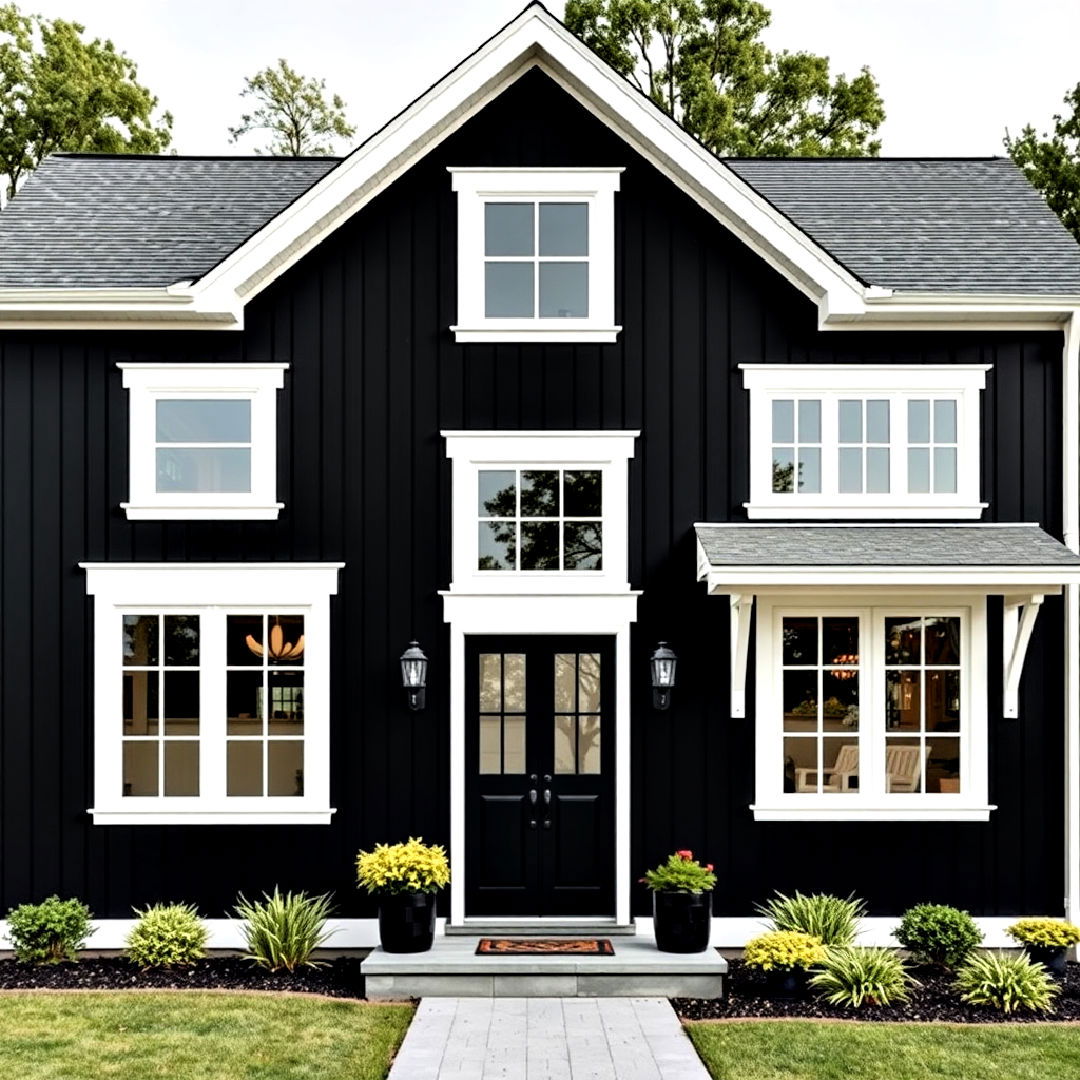timeless black and white contrast - 40 Black Modern Farmhouse Exterior Design Ideas