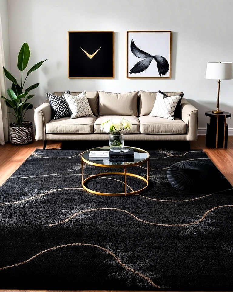 timeless black area rug with gold detailing - 40 Black and Gold Living Room Ideas