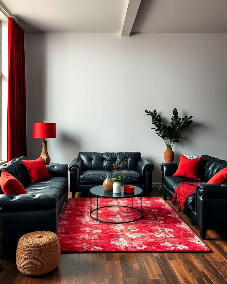 timeless black leather furniture with red accents - 25 Black and Red Living Room Ideas