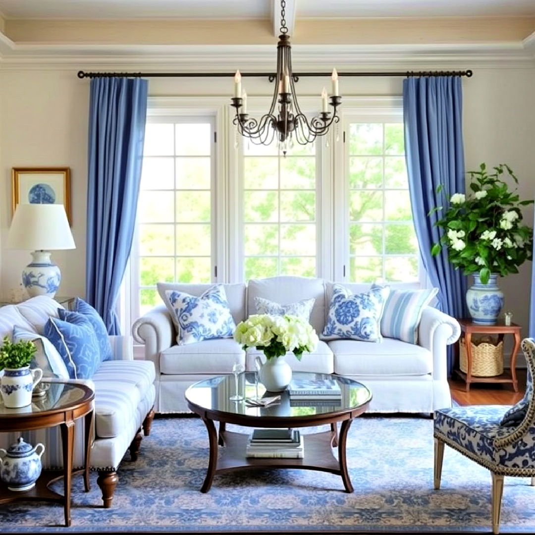 timeless blue and white accents - 40 French Country Living Room Ideas