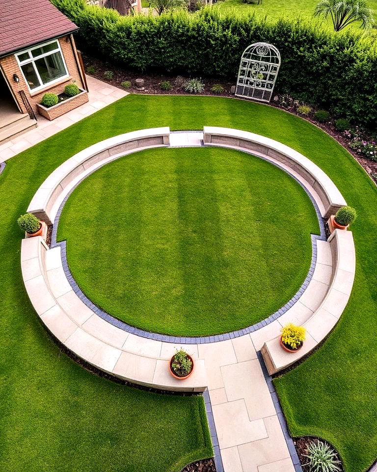 timeless circular lawn with stone seating - 20 Circular Lawn Garden Designs