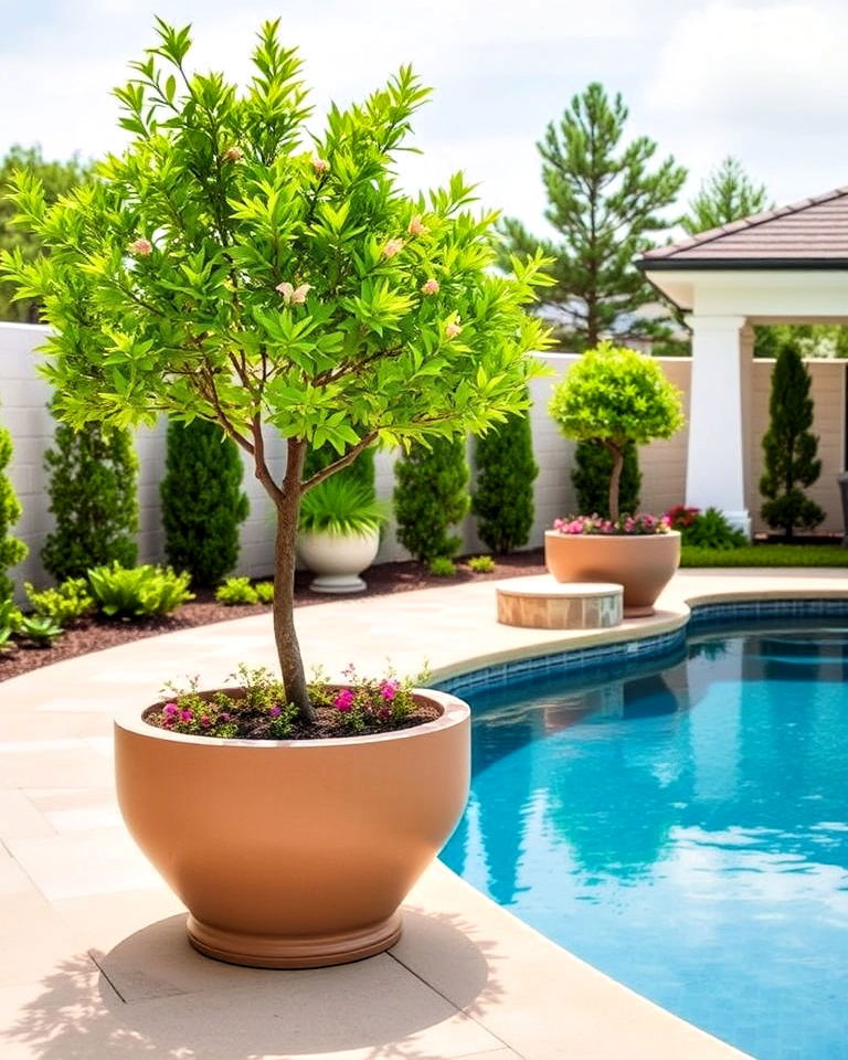 timeless circular planters for symmetry - 30 Pool Planter Ideas
