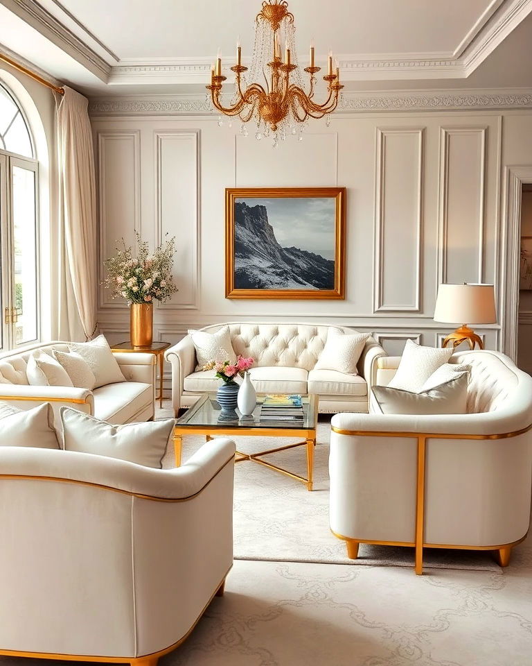 timeless cream velvet furniture with gold frames - 20 Cream and Gold Living Room Ideas