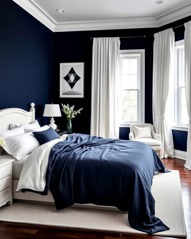 timeless dark blue and white combo - 30 Dark Blue Bedroom Ideas