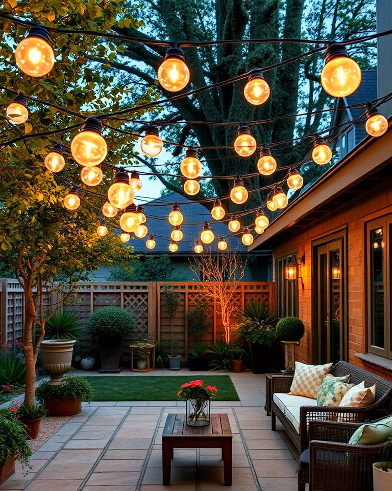 timeless festoon lighting over patio - 40 Garden Lighting Ideas