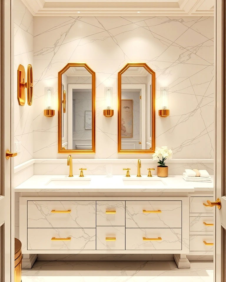 timeless gold accents with white marble - 20 Luxury Marble Bathroom Ideas