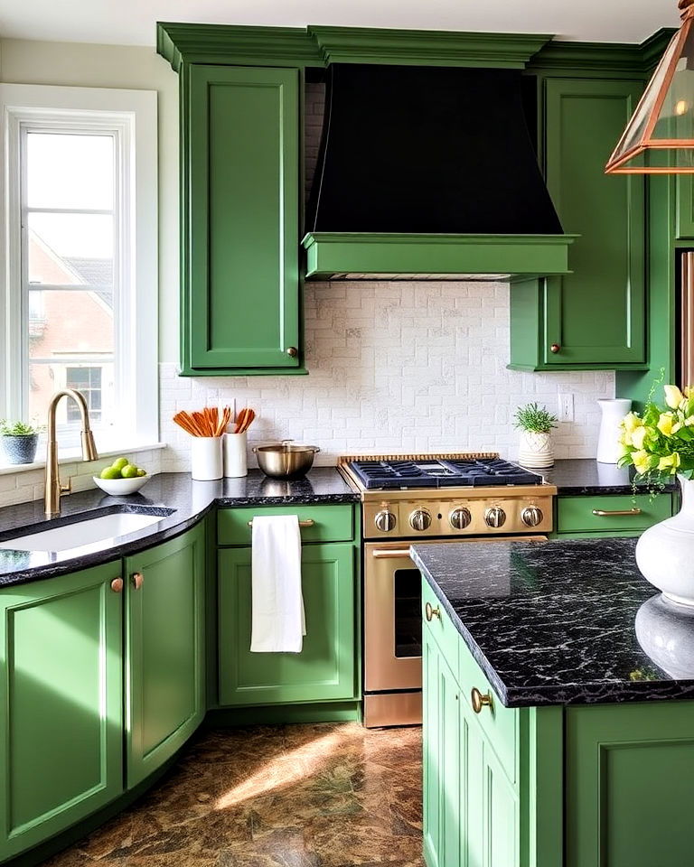timeless green cabinets with black granite countertops - 20 Green Kitchen Cabinets With Black Countertops
