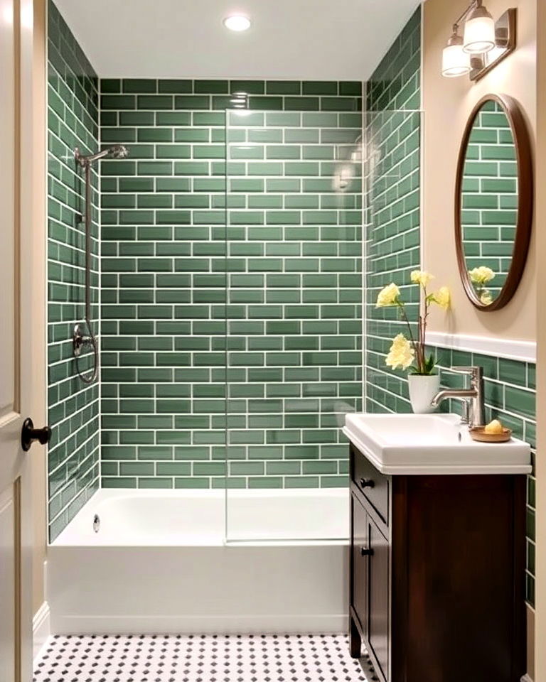 timeless green subway tile shower - 20 Small Green Bathroom Ideas