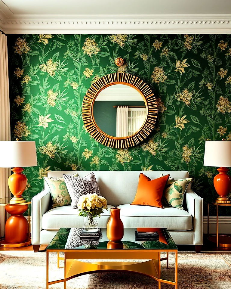 timeless green wallpaper with terracotta accents - 20 Green and Terracotta Living Room Ideas
